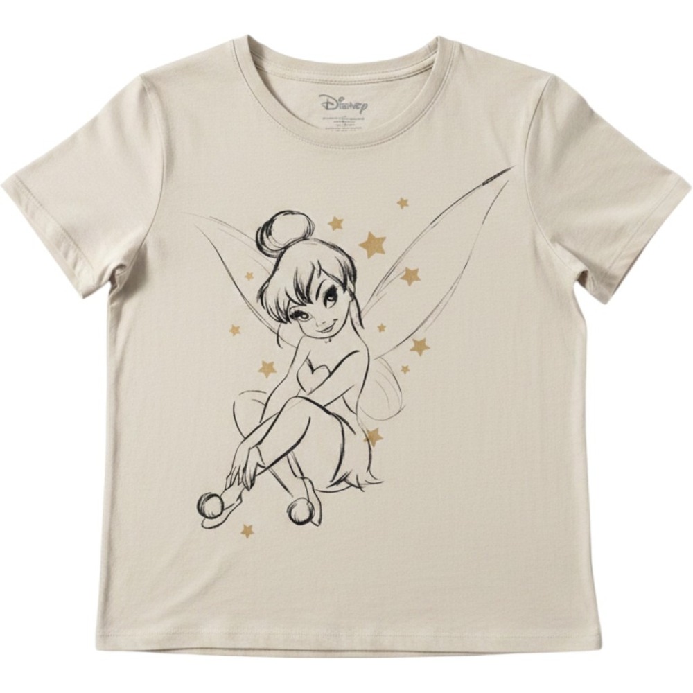 Disney Tinker‎ Bell Graphic T-Shirt Womens Medium Tan Sketch Fairy Excellent